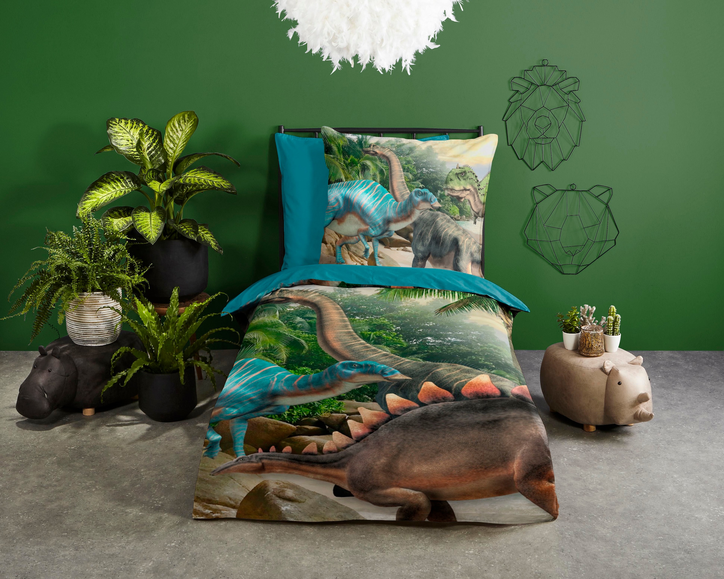 PURE luxury collection Kinderbettwäsche »Neneh« 2 Stk. tlg. 135x200, Pflegeleicht, Reissverschluss, Wendeoptik, Kind, Junge, Dino