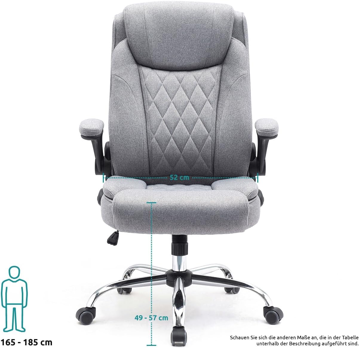 Stoff-Bürostuhl Comfortable, ergonomischer Drehstuhl bis 130 kg, mit klappbaren Armlehnen, Schreibtisch Stuhl mit Hohe Rückenlehne, grau