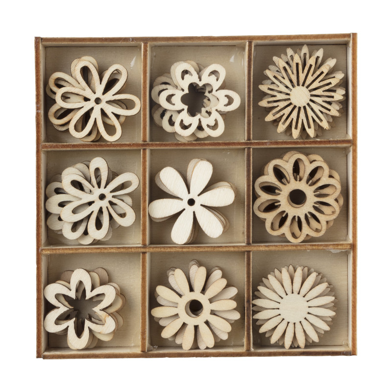 Houten bloemen in kistje - 10.5x10.5x2 cm