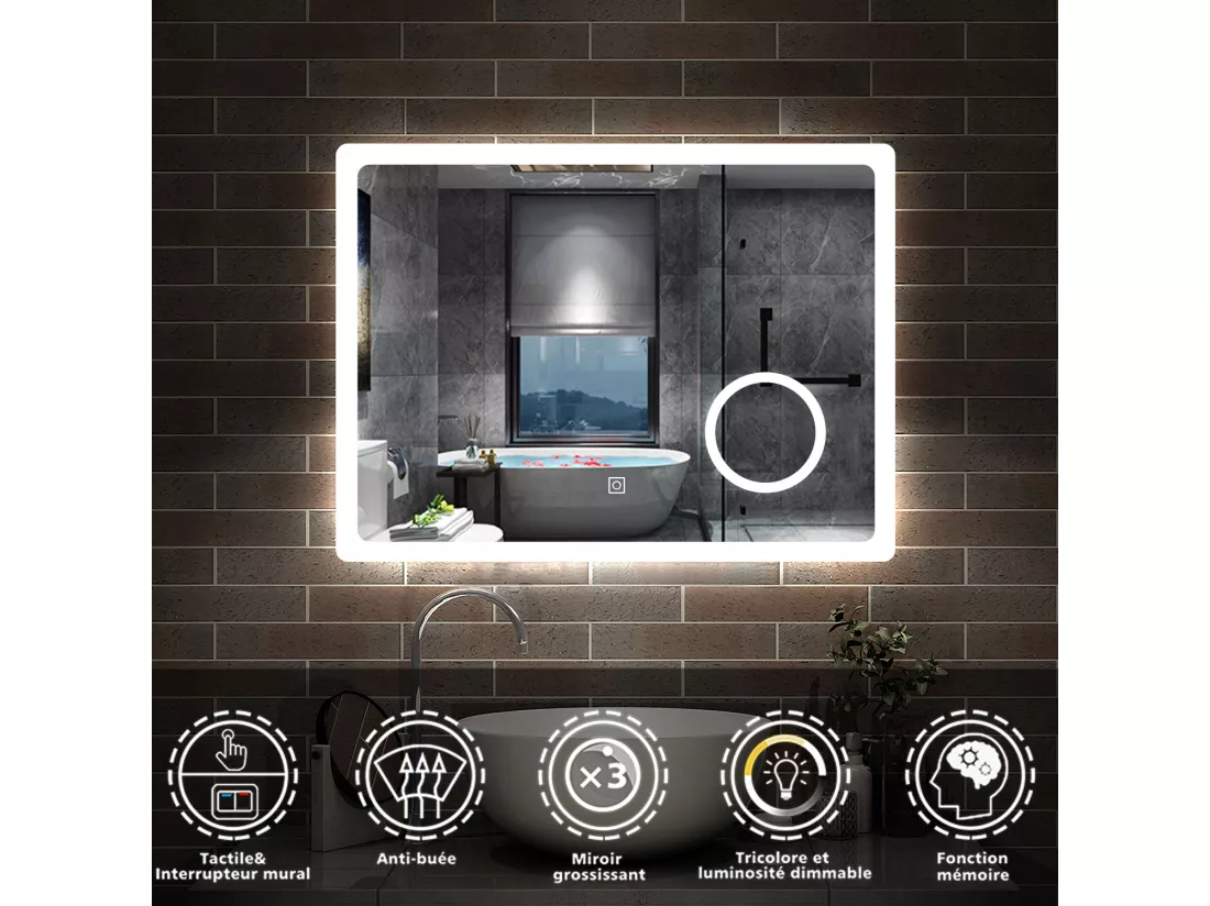 AICA 80x60cm miroir lumineux salle de bain LED anti-buée,tricolore avec loupe 3x, mémoire et dimmable