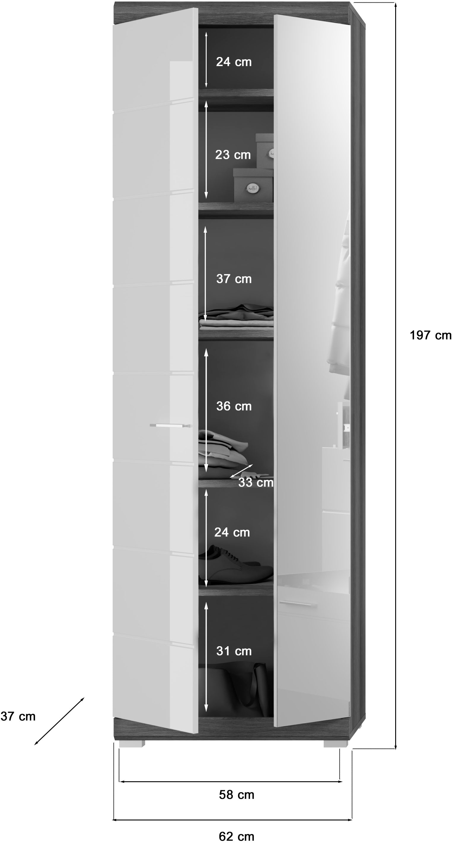 INOSIGN Garderobenschrank »SIENA, Höhe 197cm, 2 Türen,  4 Einlegeböden, ausziehbare Kleiderstange« hochwertige Rillenfräsung in MDF Front, 1 Stk. tlg. Stauraumschrank, Flurschrank, Dielenschrank
