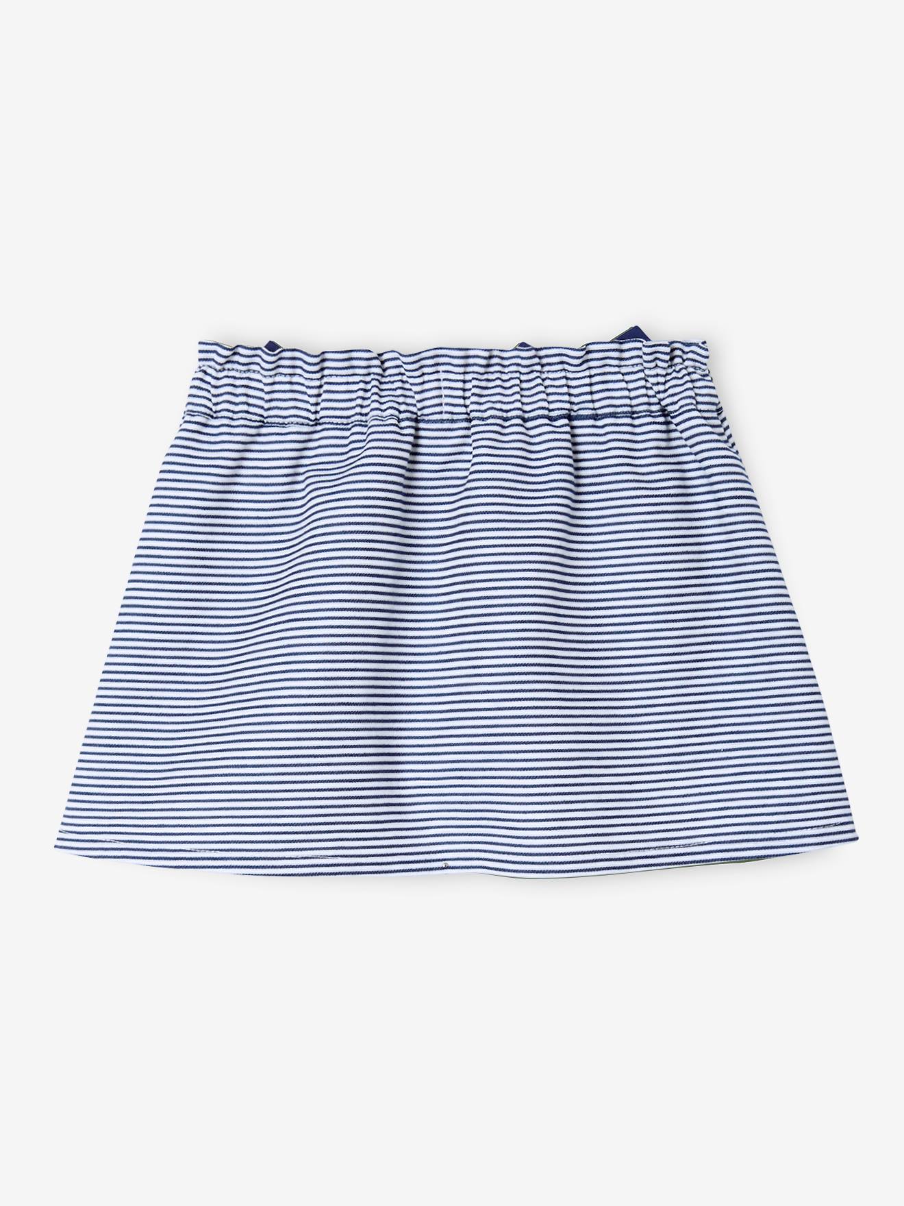 Saia otomana larga para bebê, azul-escura com listras.