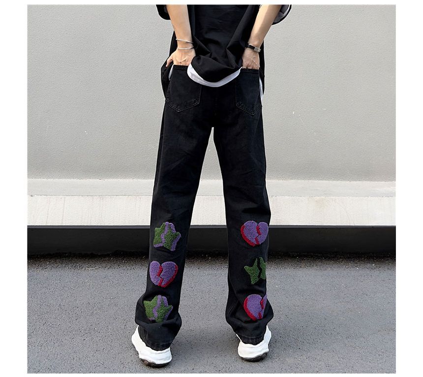 Whyessa - Hoge taille jeans met geborduurd hart en rechte pijpen