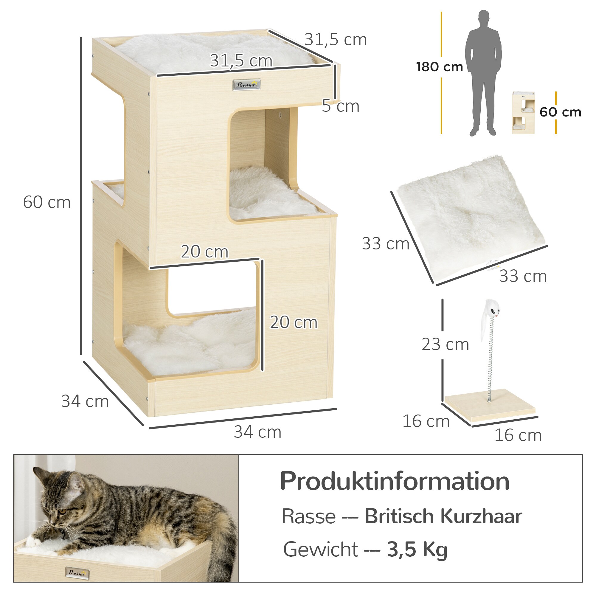 PawHut Katzenhaus mit Kissen natur 34L x 34B x 60H cm