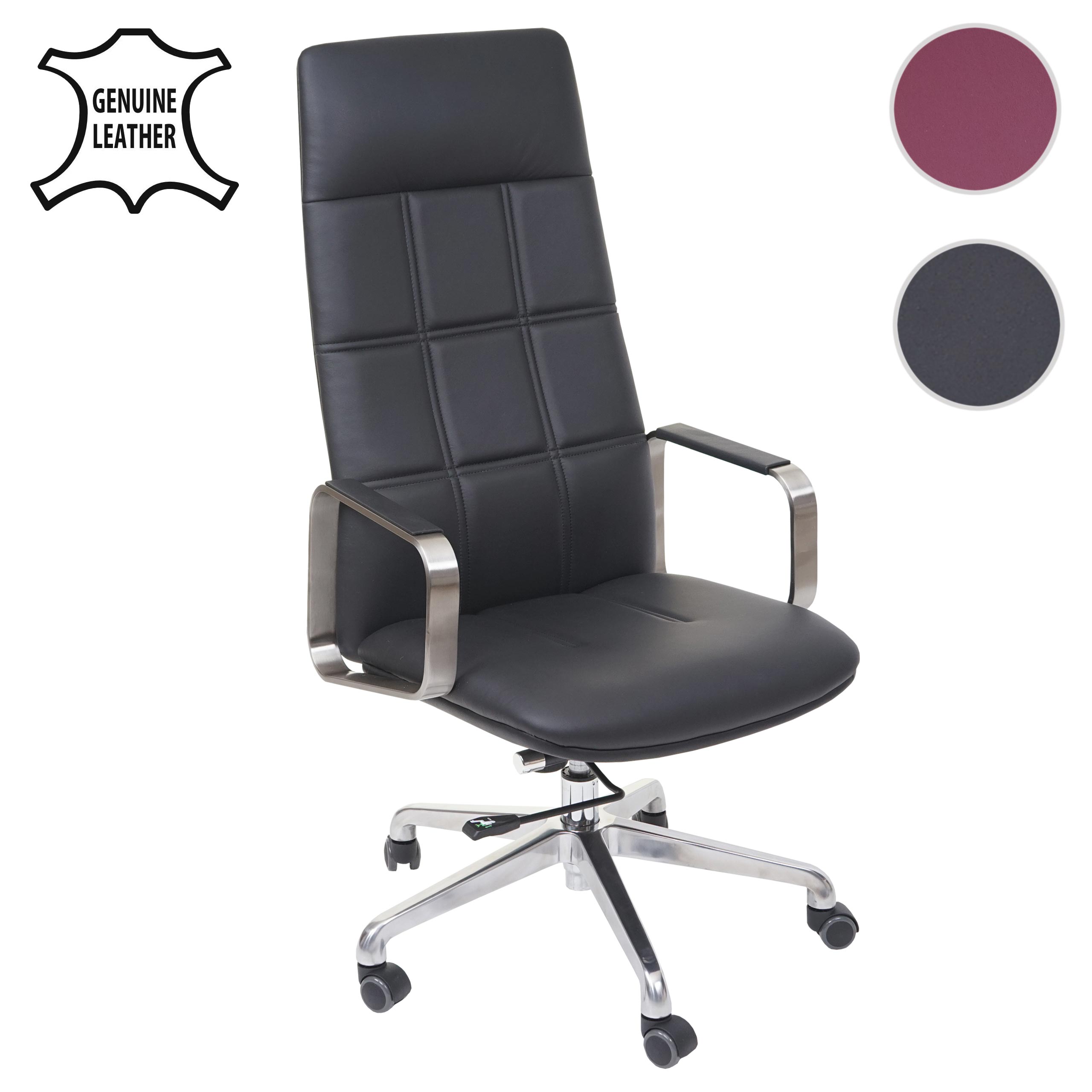 Bürostuhl MCW-A57, Schreibtischstuhl Drehstuhl, Voll-Leder + Kunstleder Edelstahl ISO9001 ~ schwarz