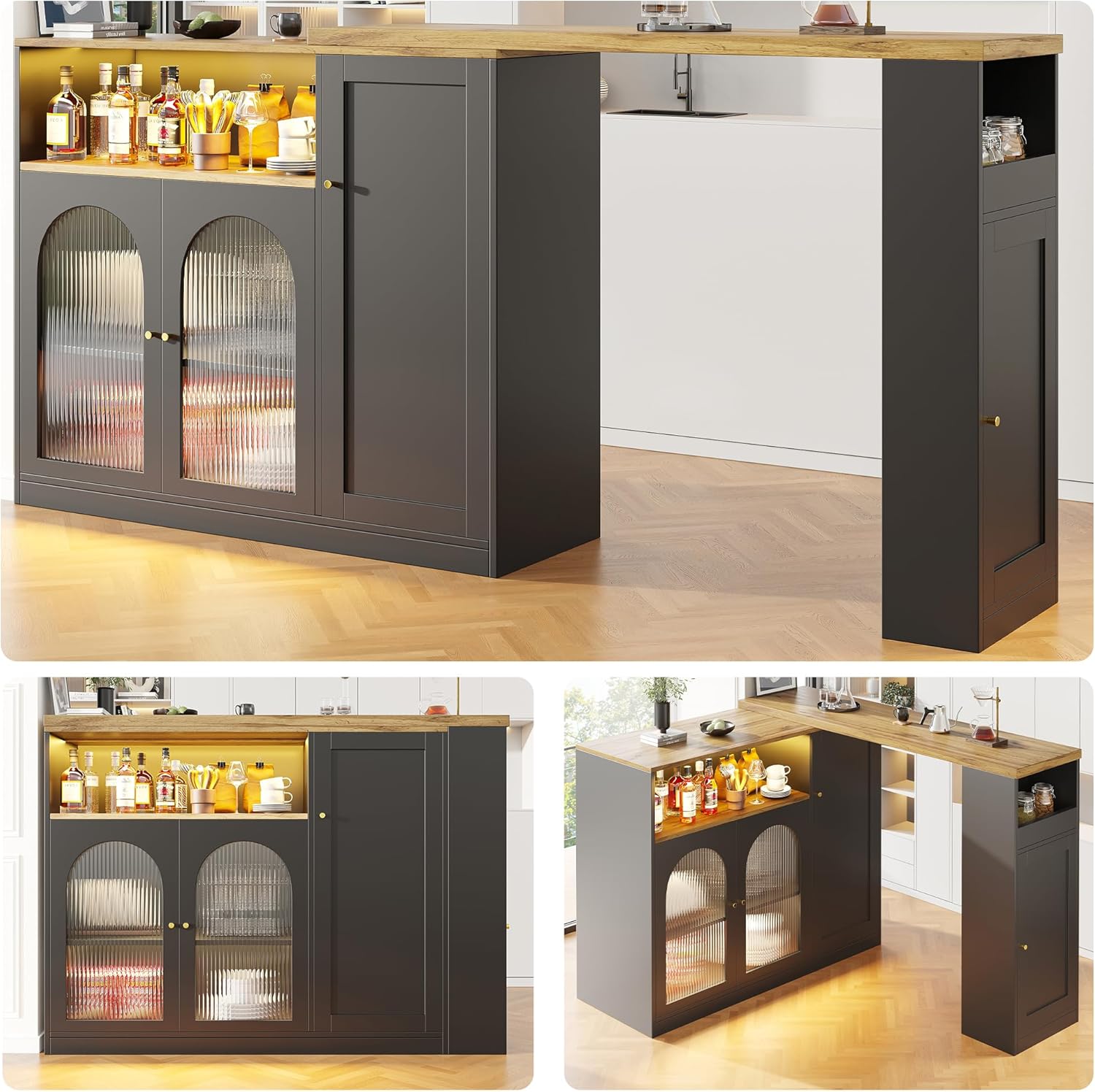 Um 360° drehbarer Bartisch (Hauptkörper: 198 x 39,6 x 97 cm), Mattschwarzer Schrank mit Schreibtisch in Holzmaserung, mit Changhong-Glasschranktür und LED-Licht, Sideboard