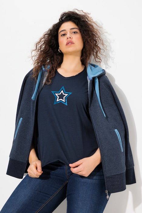 Shirt, Stern, Rollkanten, A-Linie, V-Ausschnitt, Langarm