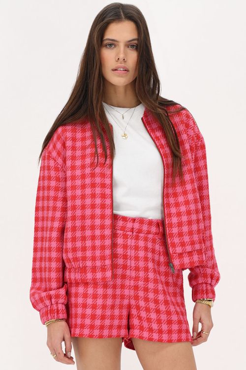 Rood & roze oversized bomber jasje met ruitjes