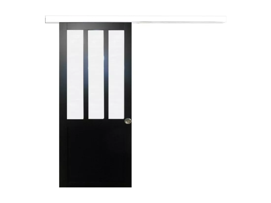 Porte Coulissante Atelier Noir Vitre Depoli H204 X L83 + Rail Alu Bandeau Blanc Et 2 Coquilles Gd Menuiseries