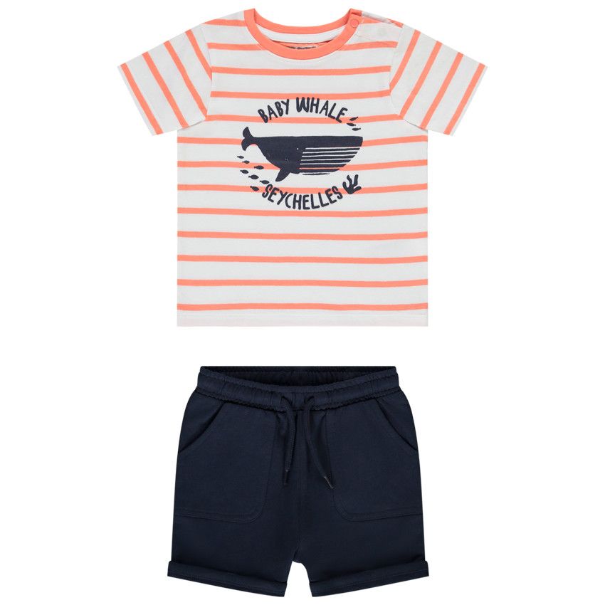 Ensemble court t-shirt rayé + bermuda pour bébé garçon - Blanc