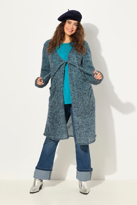 Long-Strickjacke, Bindeband, V-Ausschnitt, Rollkanten