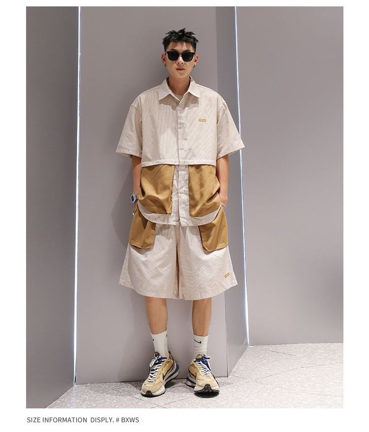 Wewewow - Set: Shirt met korte mouwen en kraag + Shorts met trekkoord in de taille