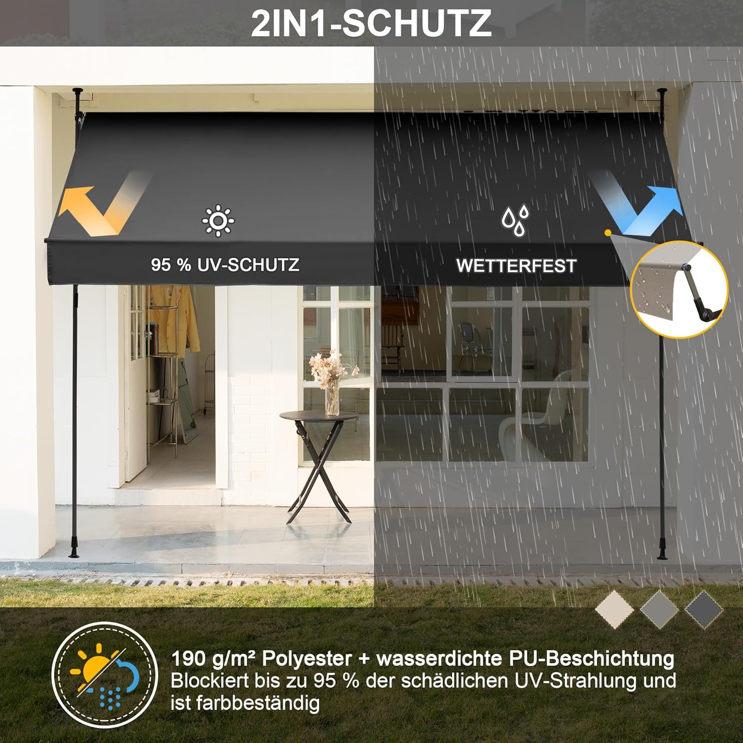 BelleMax Klemmmarkise ohne Bohren mit Handkurbel Balkon, Anthrazit 200 cm x (125 + 25) cm, Balkonmarkise Faltbarem Seitenarm, Markise UV-Schutz & Sonnenschutz, Wasserdicht Höhenverstellbar