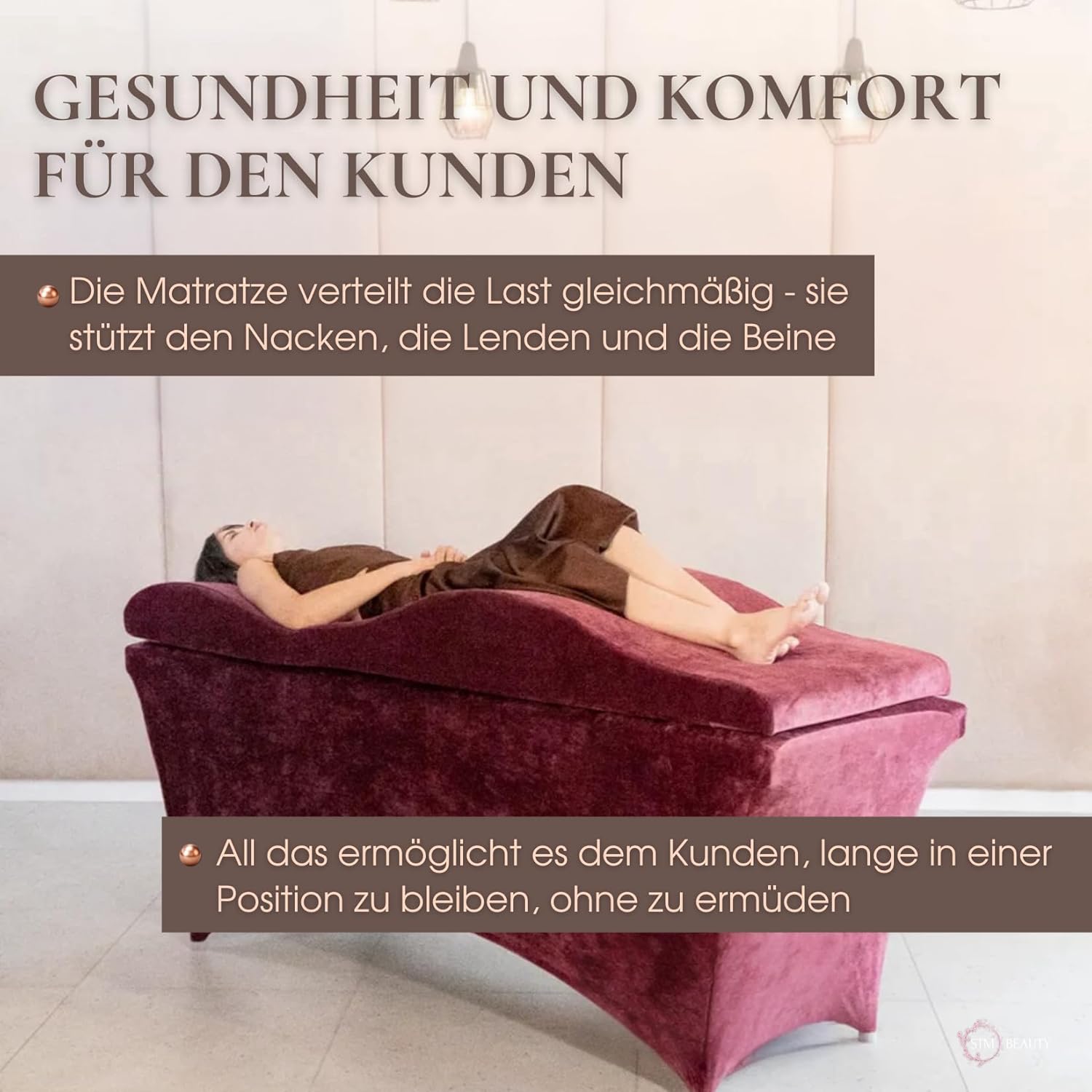 Wave Matratze mit Memory Foam 190x70 für Kosmetikliege, Massageliege, mit Bezug aus Velours, 08 Burgunder, Weinrot