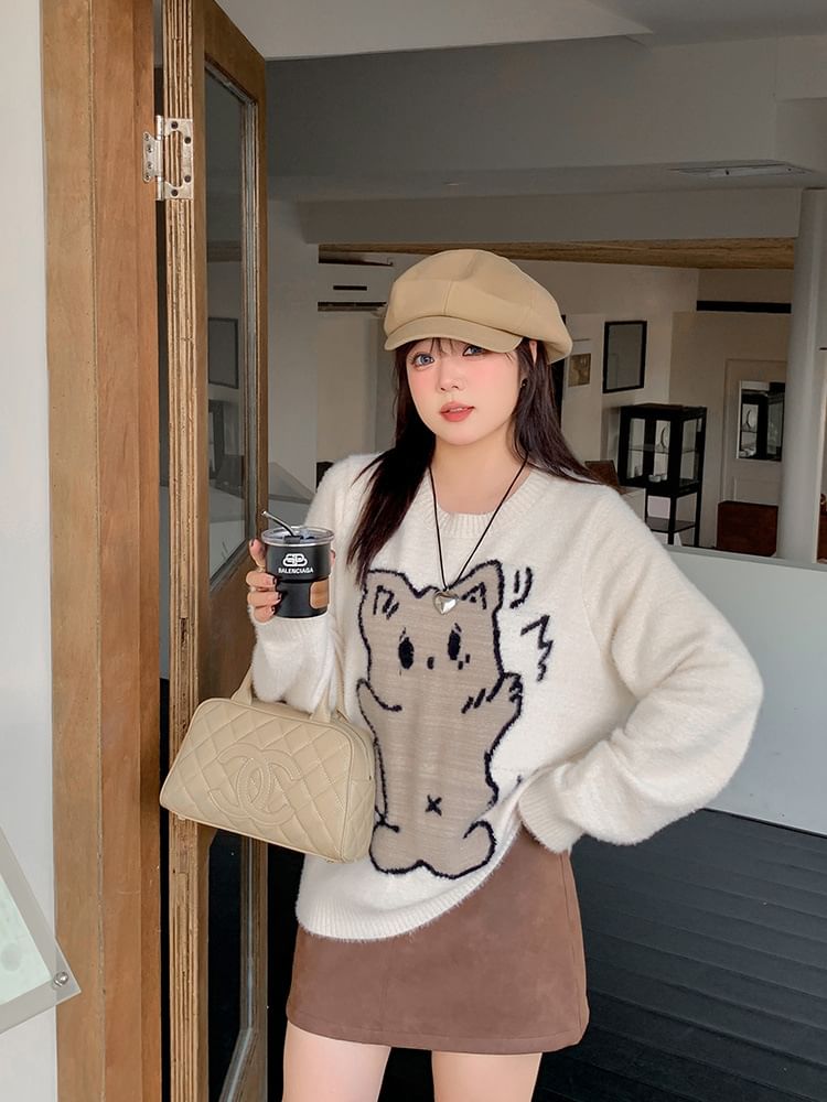 Ashteroid - Plus Size Crewneck Cat Jacquard Trui