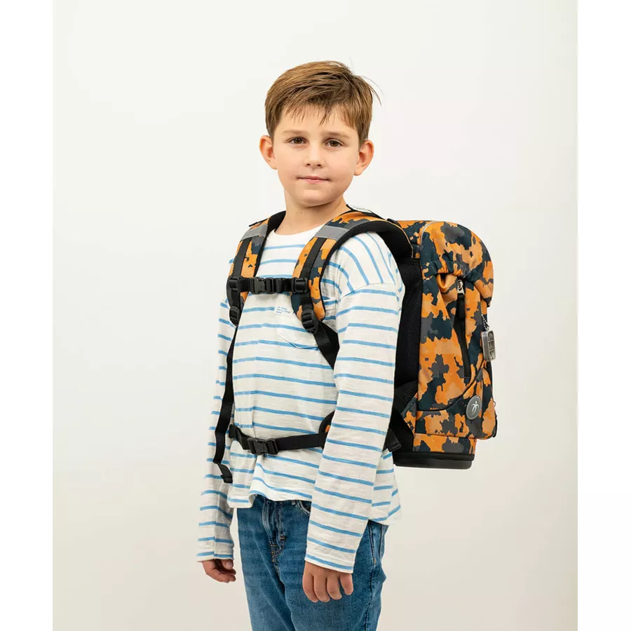 Belmil Schulranzen Motion Schulranzen Set 6-teilig mit Brustgurt, Hüftgurt Orange Camouflage