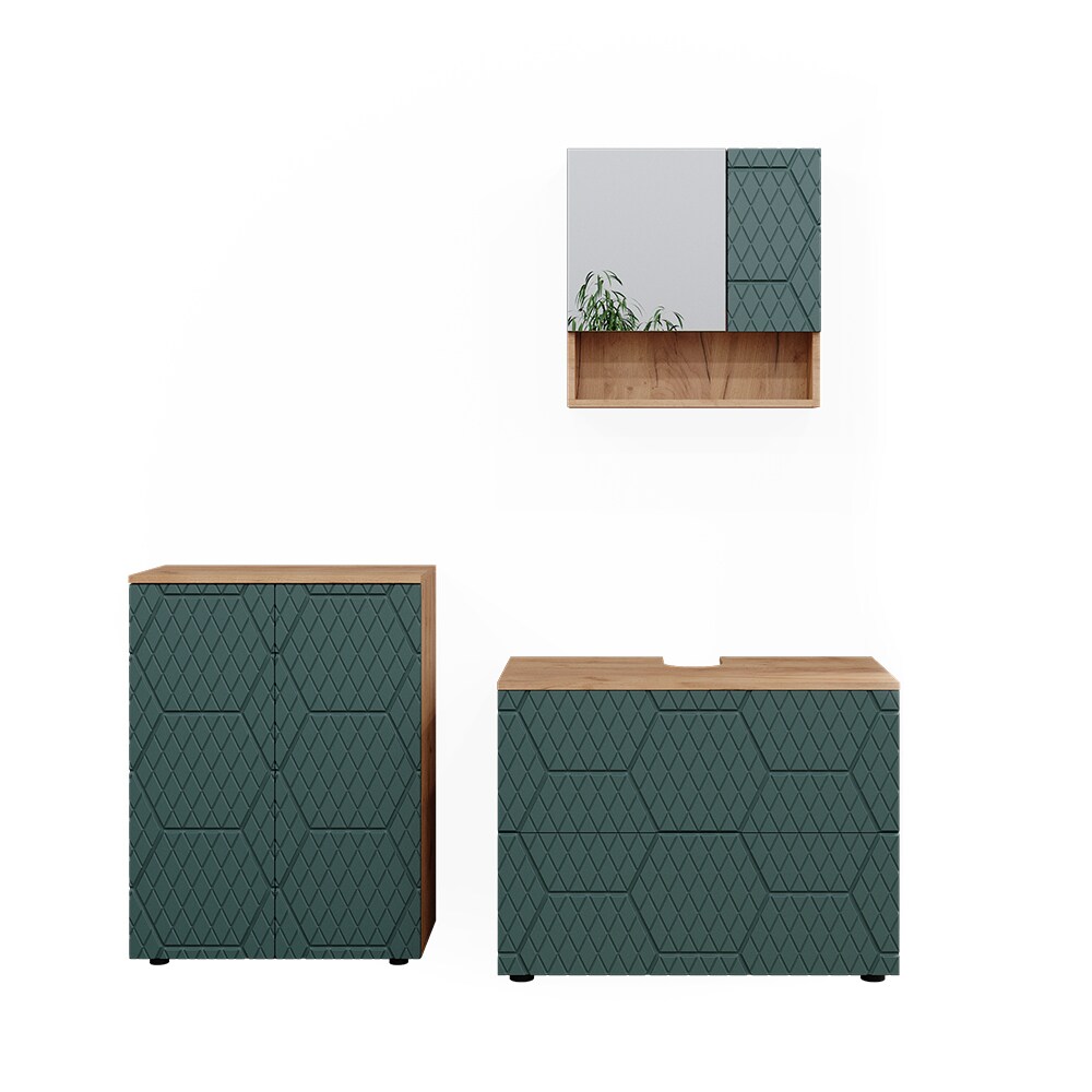 Vicco Badmöbel-Set Irma Eiche Grün 3-teilig Kommode Waschbeckenschrank 80 cm