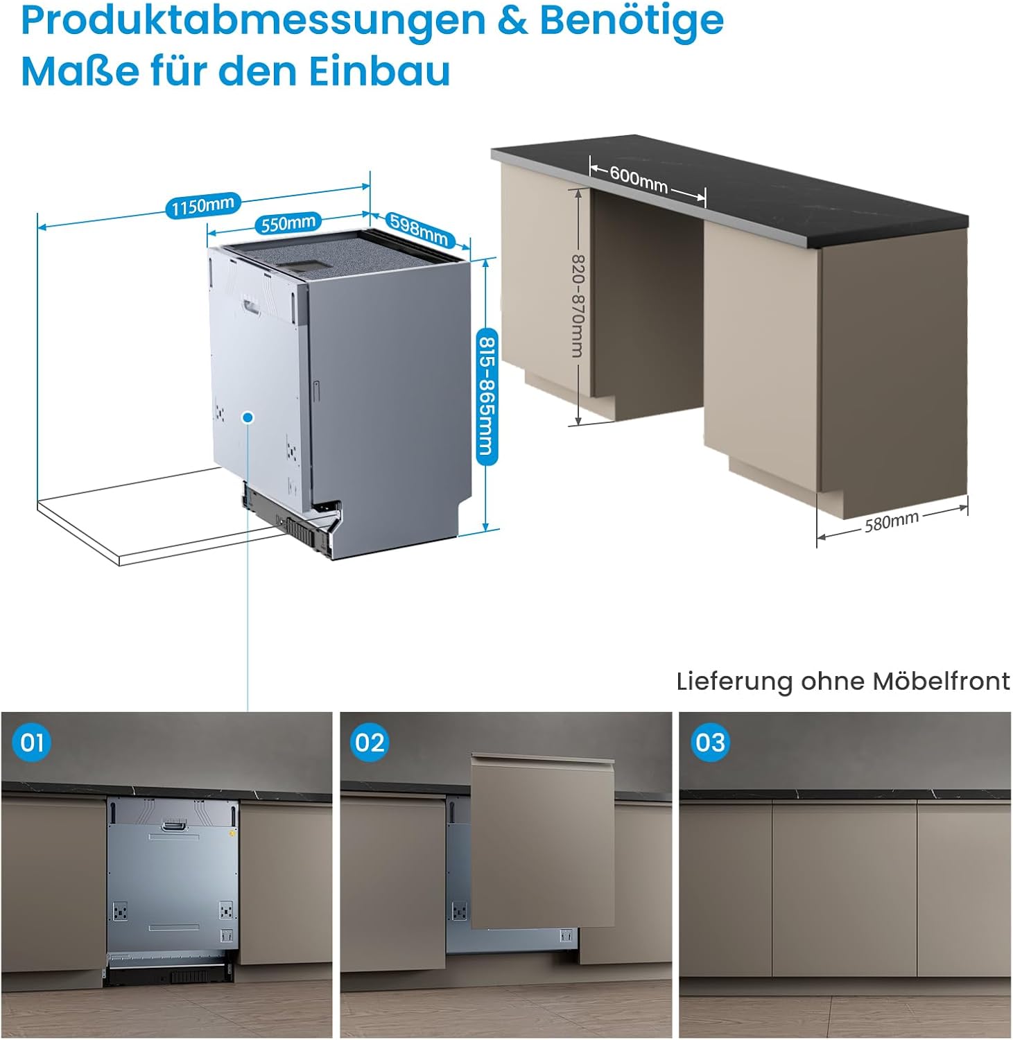 Midea SV 5.14K14C Geschirrspüler Vollintegriert 60cm, 14 Maßgedecke, Spülmaschine Unterbaufähig mit WIFI, 8 Programme, 44 dB, Automatische Türöffnung, 0-24H Startverzögerung, Inox