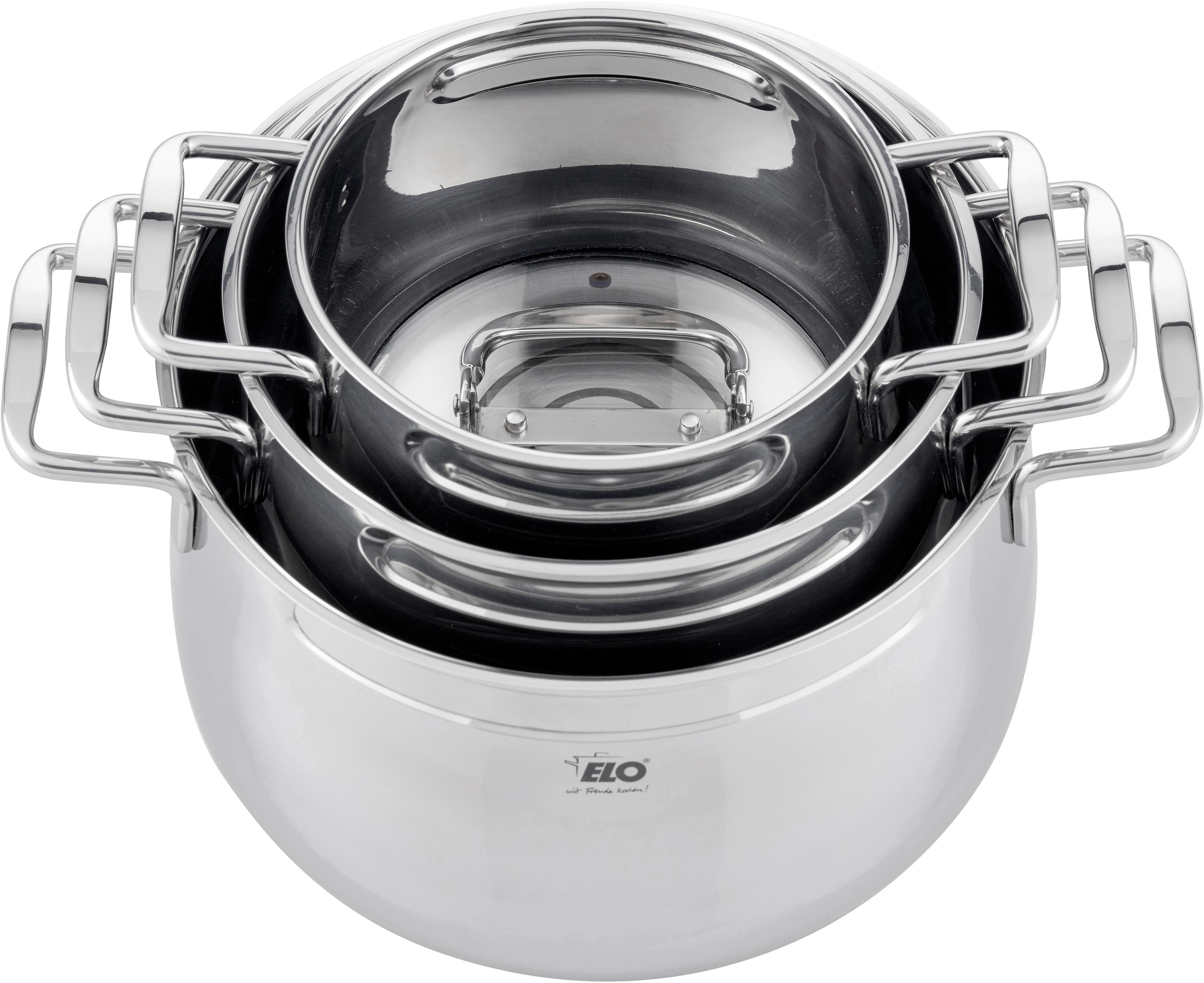 Elo Topf-Set »Mystery« Set, je 1x Fleischtopf mit Deckel Ø 16/20/24 cm, 6 Stk. tlg. Edelstahl 18/8