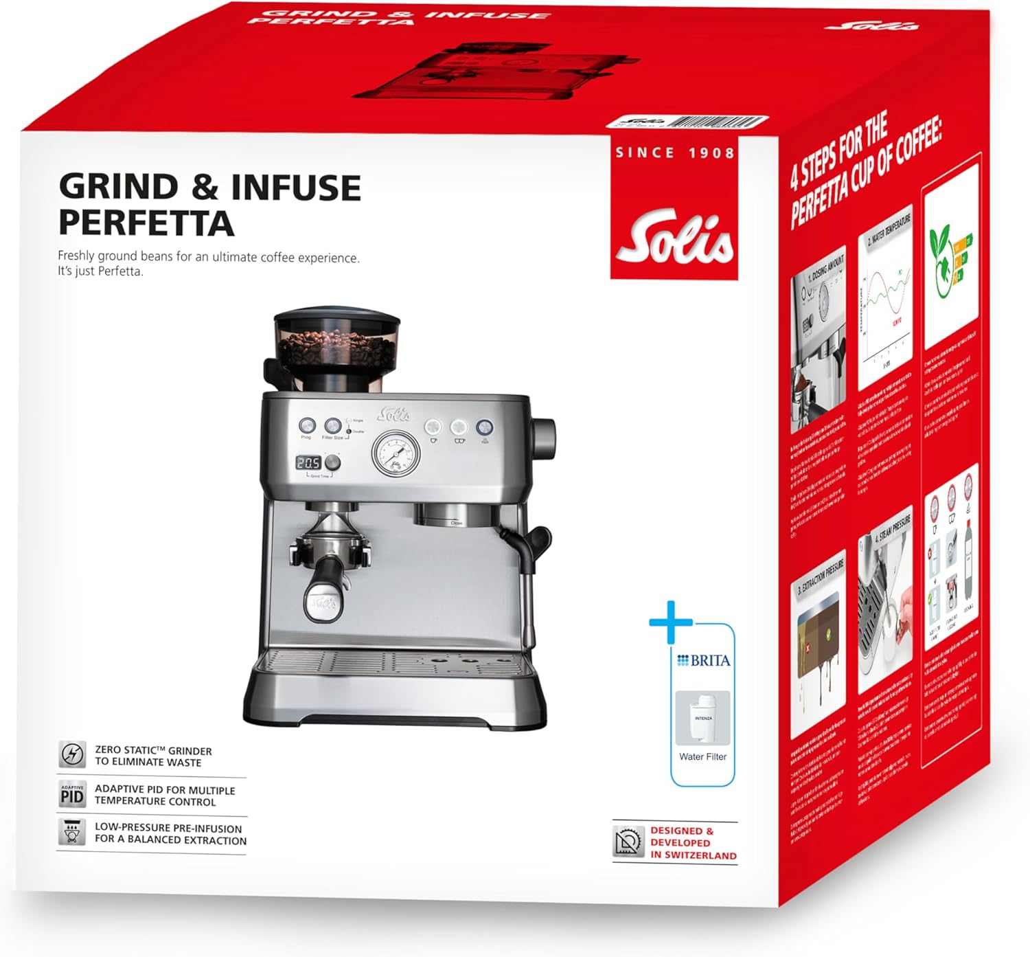 Solis Grind & Infuse PERFETTA Espressomaschine, Kaffeemaschine mit Mahlwerk und Milchaufschäumer, Halbautomatische Kaffeemaschine mit abnehmbaren Wassertank, Heißwasser- und Dampffunktion, Silber