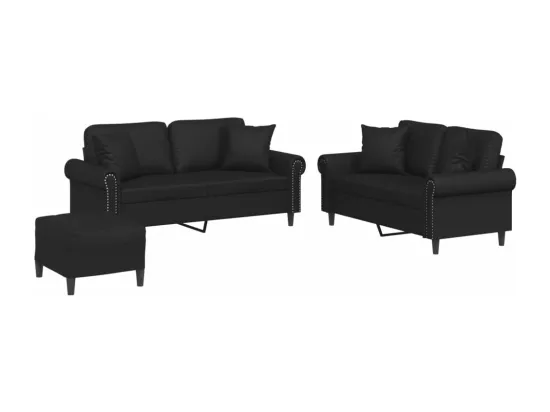 Ensemble de canapés 3 pcs avec coussins noir similicuir