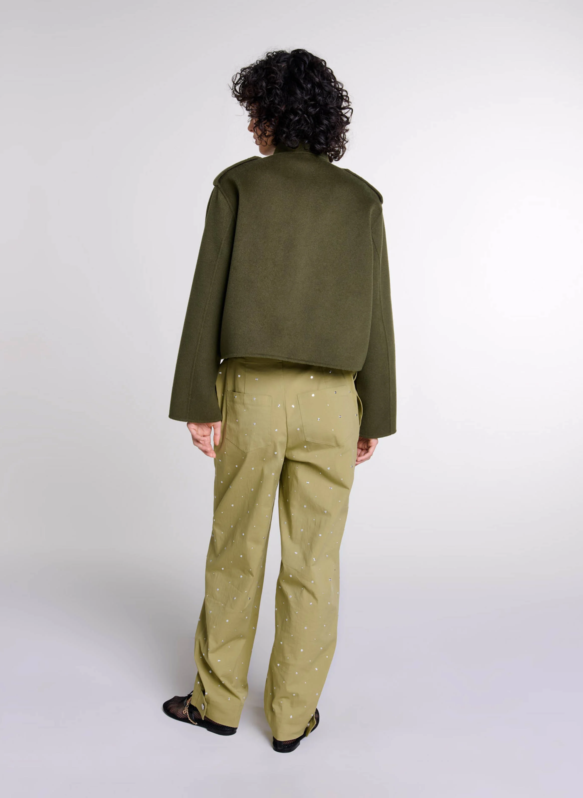 Veste courte col officier en laine feutré | Kaki