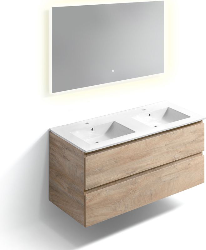 Clou - InBe - Badmeubelset - Grieks Eiken - 120x46cm - Met LED Spiegel - Dubbele Wastafel