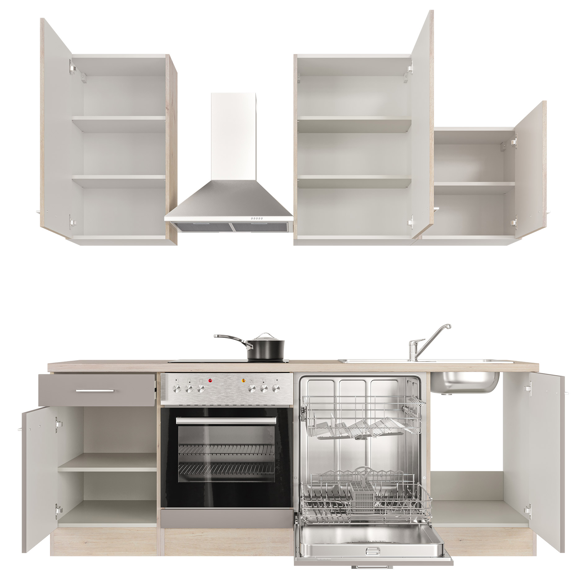 Küchenblock RIVA - Quarz Cubanit - San Remo Eiche hell - mit E-Geräten - 220 cm