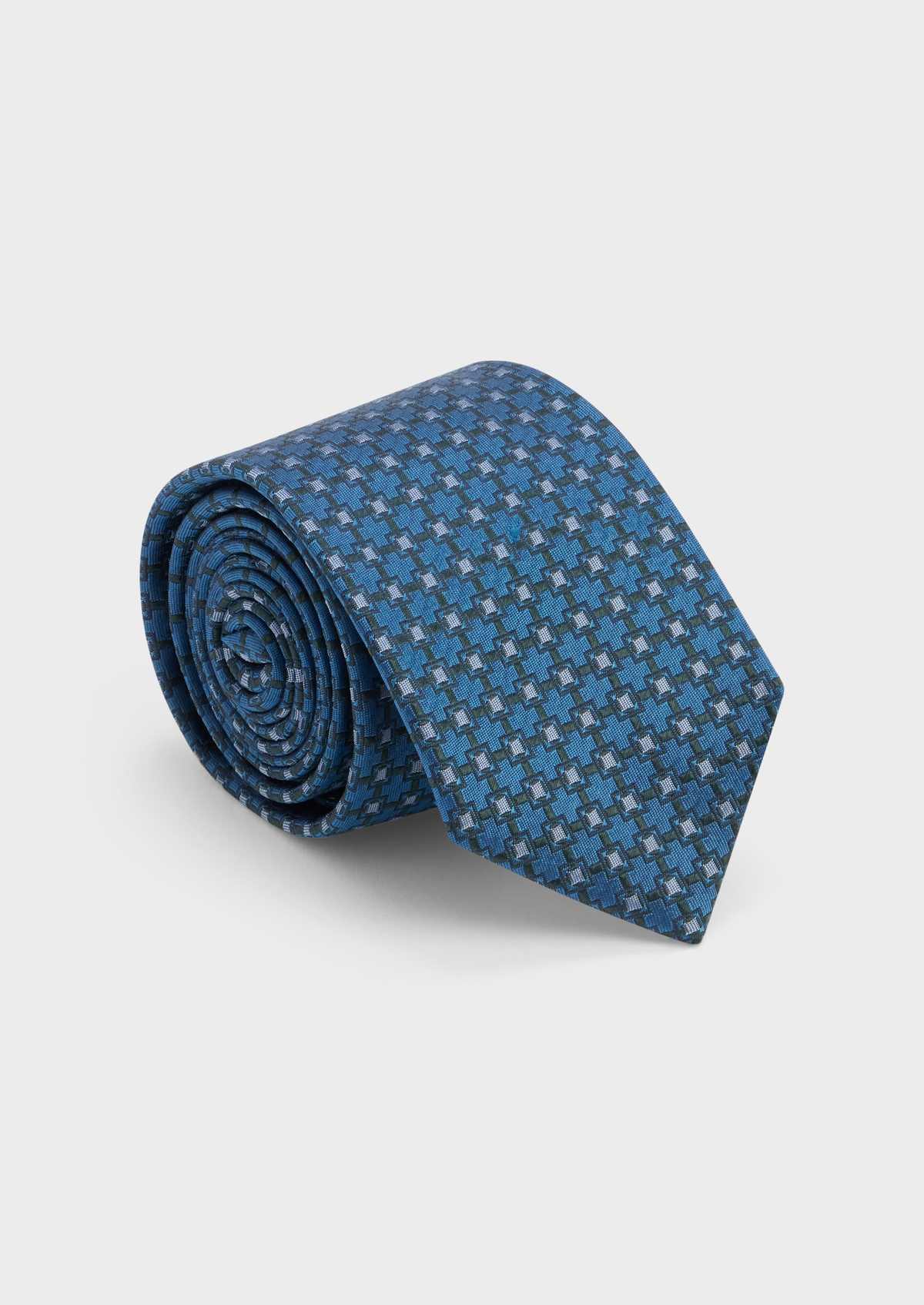 Cravate large en soie bleu prusse à motifs géométriques gris