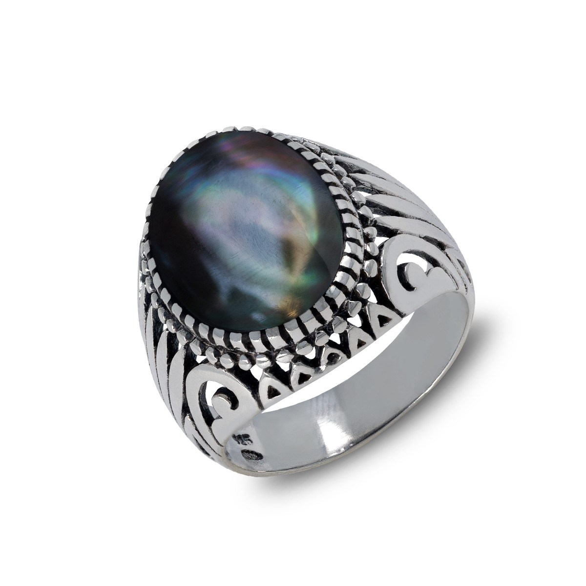 Bague Biker Homme en Argent Massif Vieilli et Nacre Noire - Idée Cadeau Toutes Occasions | Aden