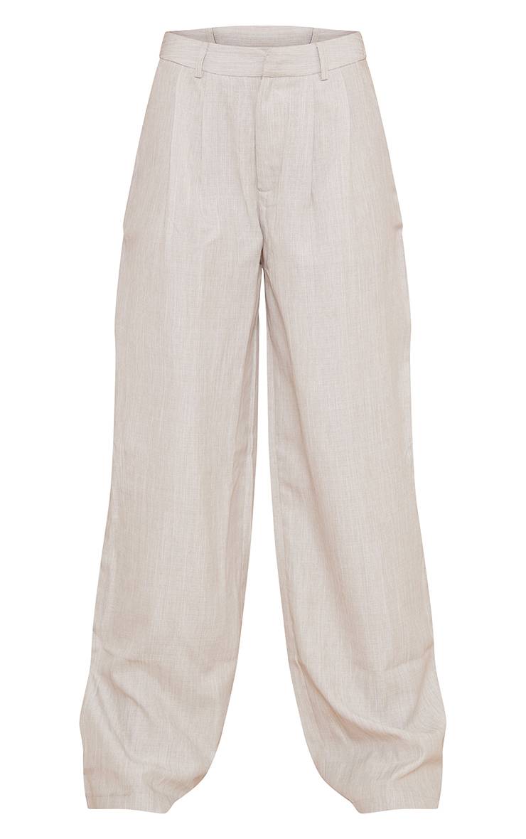 Gris Pierre Pantalon Large Taille Haute Ajusté Effet Lin Tissé