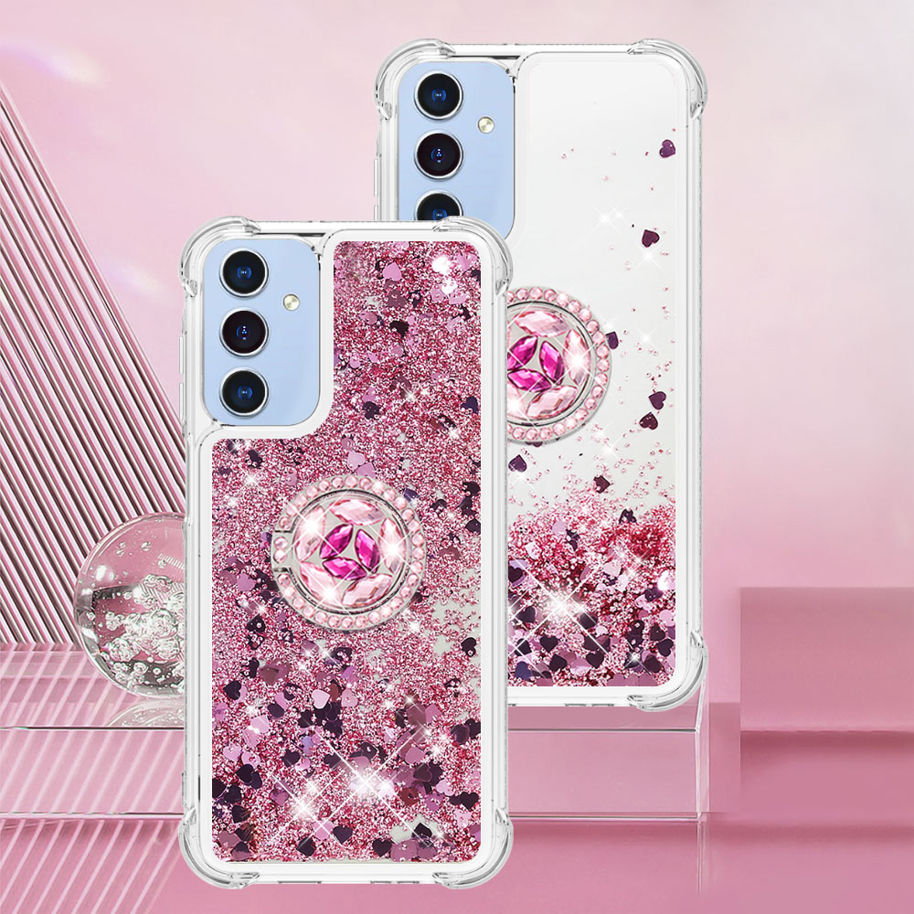 Samsung Galaxy A17 / A26 Hardcase Hülle mit Air Cushion Fallschutz Liquid Case Glitzer Herzen   Haltering - Pink / Transparent