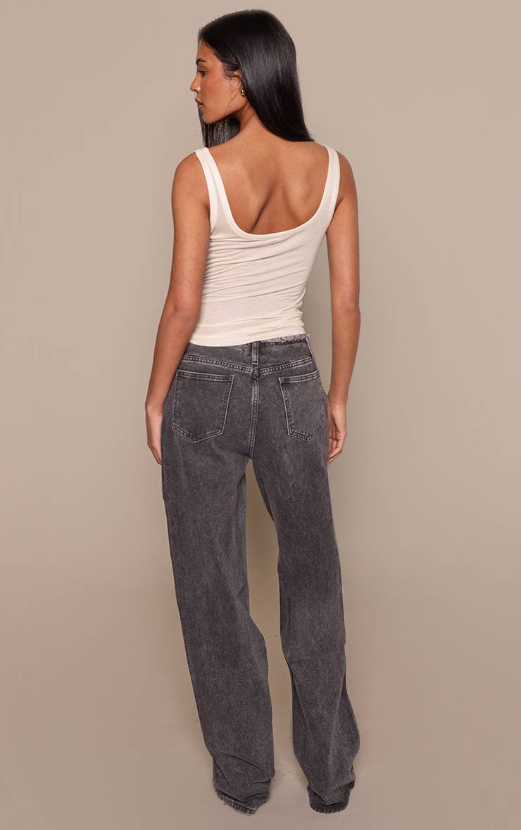 Washed Grey Jean Taille Haute Droit Taille Bord Effiloché Coupe Basse