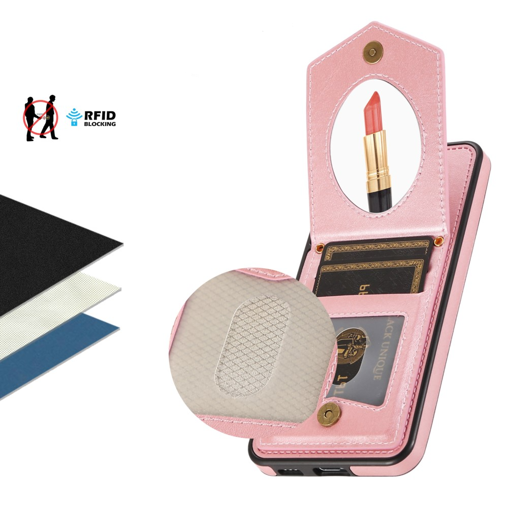 Samsung Galaxy S23 5G Necklace Leder Hülle im Litchi Look mit Spiegel (RFID Schutz) - Roségold