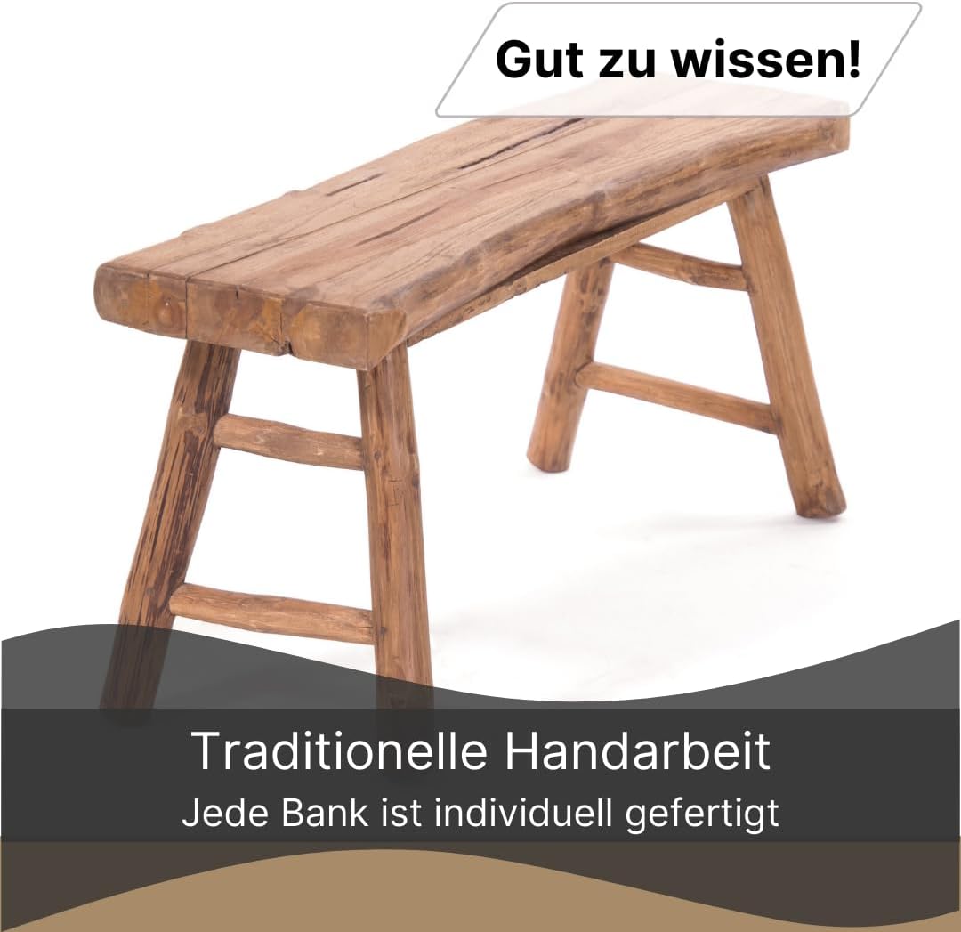 DESIGN DELIGHTS HOLZBANK Malu 93 | Teakholz, 93x44 cm, mit Streben | Treibholz Sitzbank, Baumkante Beistellbank, Bettbank, Küchenbank, Flurbank