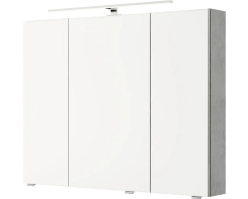 Pelipal Serie 4035 badkamermeubelset, BxHxD 90 x 200 x 43,5 cm, grijze fronten. 3-delige badkamermeubelset bestaande uit een witte keramische wastafel, badmeubel en spiegelkast met LED-verlichting.