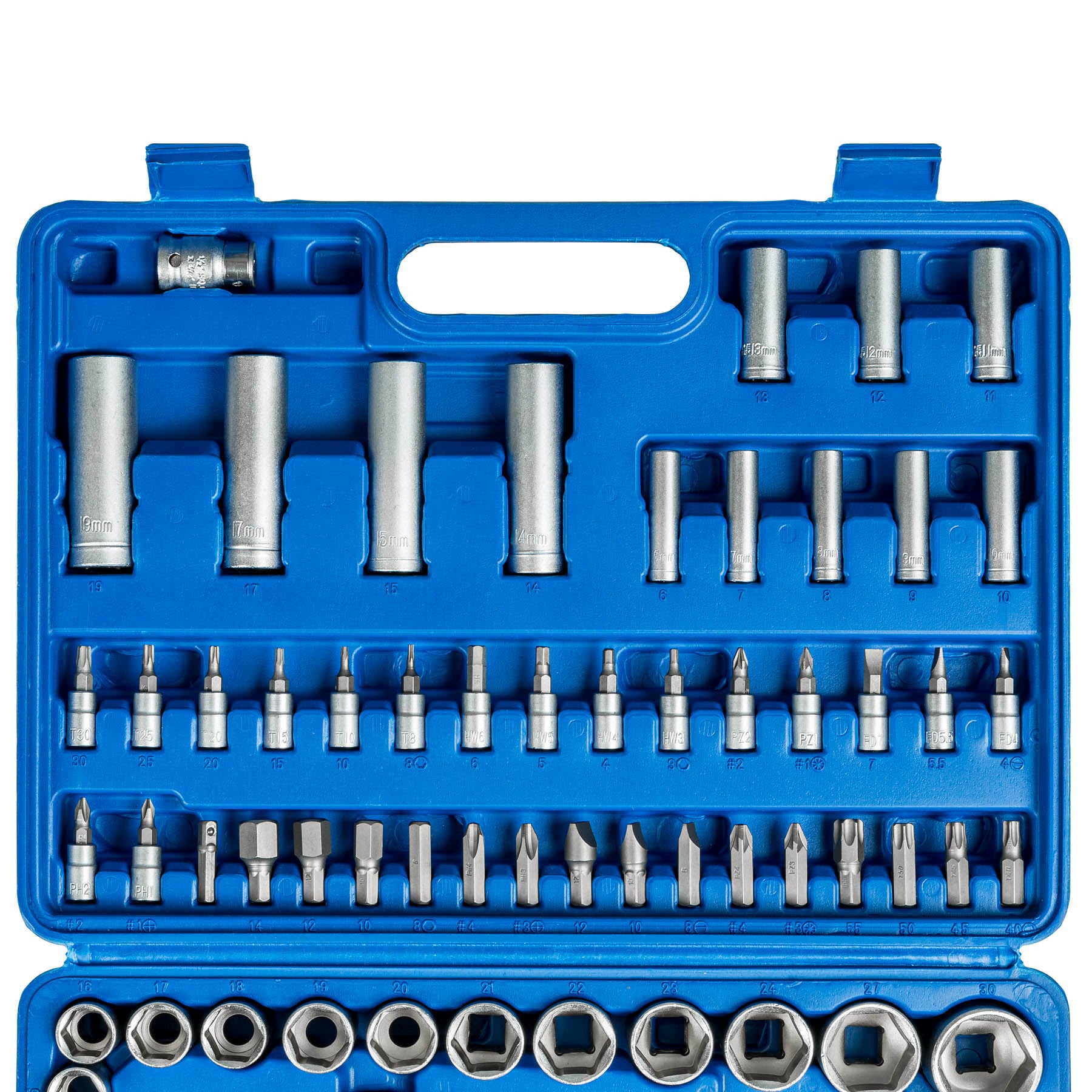 tectake® Steckschlüsselsatz, 94-teilig, 1/4 und 1/2 Zoll, mit Kodierung und Kugelfangrille, übersichtliche Anordnung im Kunststoffkoffer