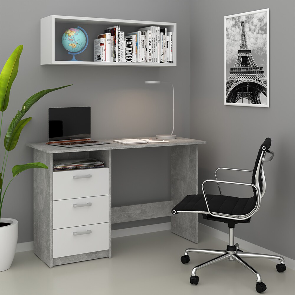 VICCO Schreibtisch MEIKO Weiß Beton Optik Arbeitstisch Bürotisch Regal PC Tisch