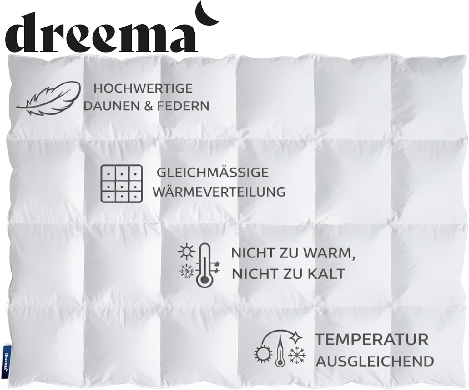DREEMA Bettdecke 135x200 Daunendecke Warm | Extraweiche Daunenfüllung | in Deutschland gefertigt | 100% nachhaltig mit Oeko-TEX & Nomite | Allergiker geeignet | Soft-Touch Baumwollbezug