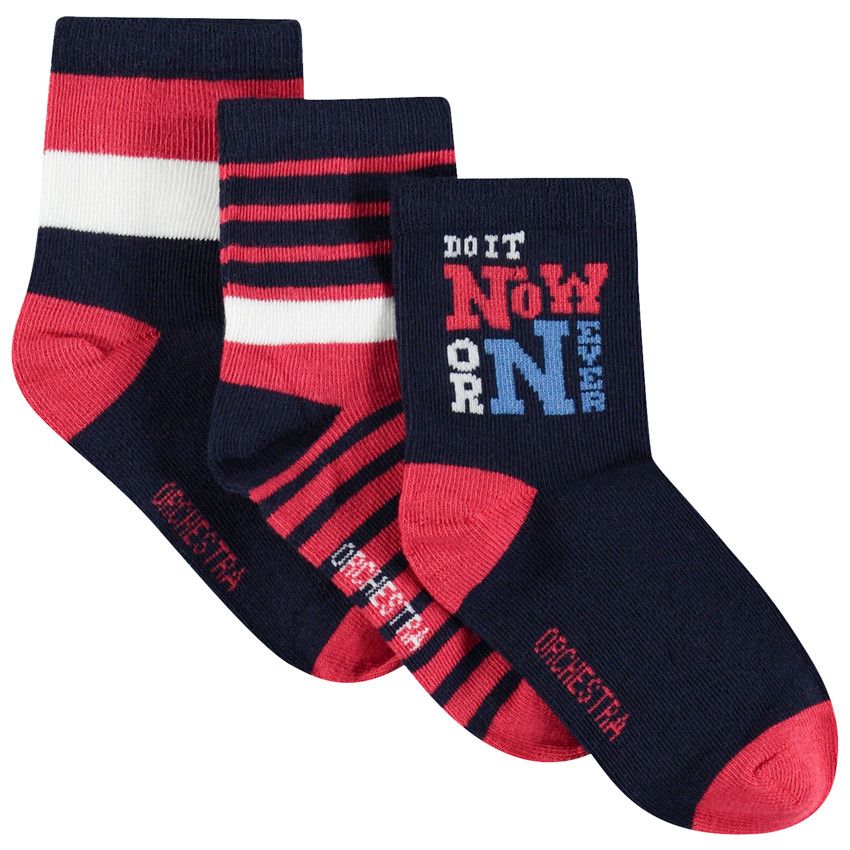 Lot de 3 paires de chaussettes normales rayées / à textes - Bleu marine