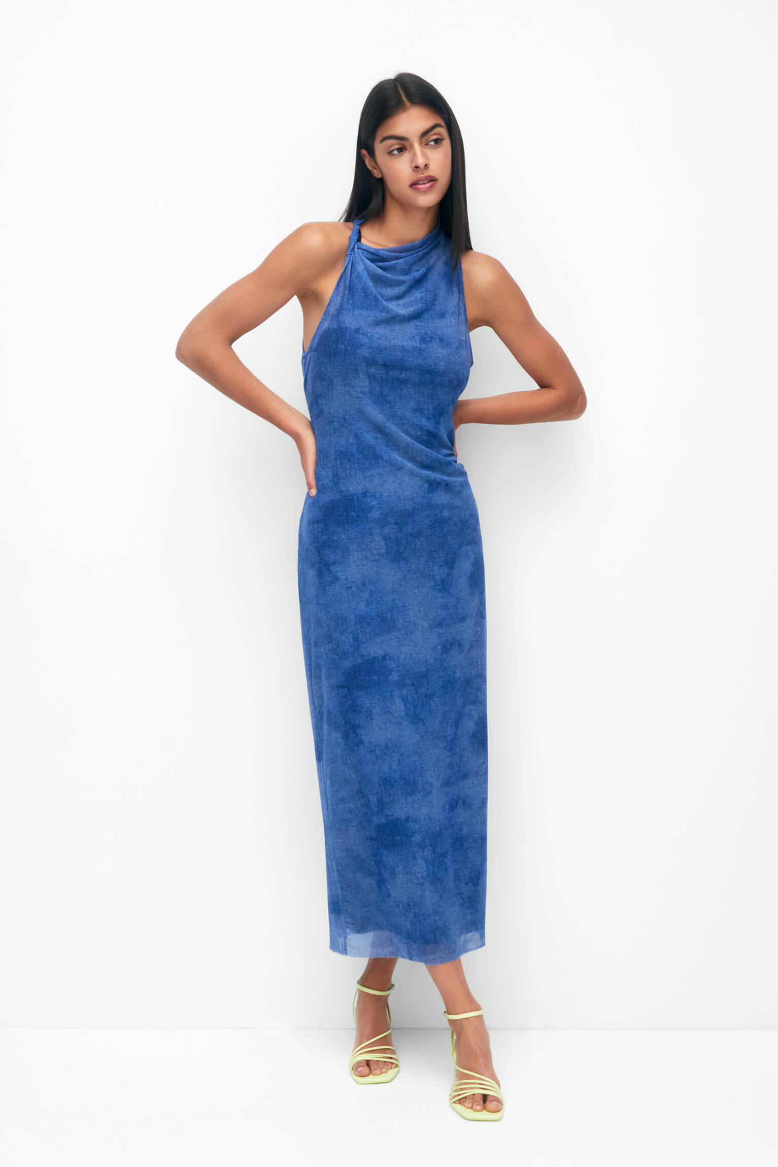 VESTIDO MIDI DE TULE COM ESTAMPA JEANS - AZUL