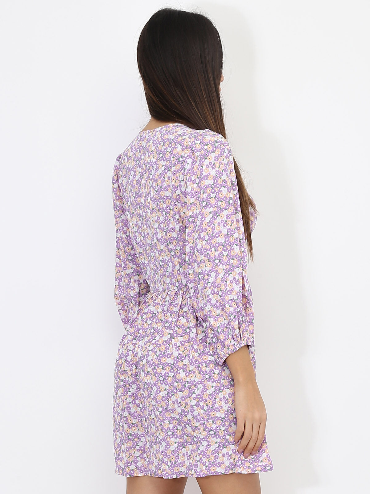 Robe patineuse à fleurs et boutons- Lilas