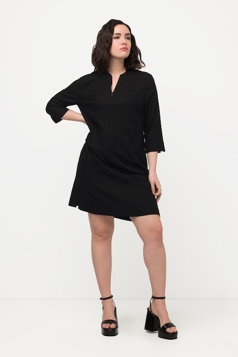 Kleid, A-Linie, Stehkragen, 3/4-Arm, Leinenmix