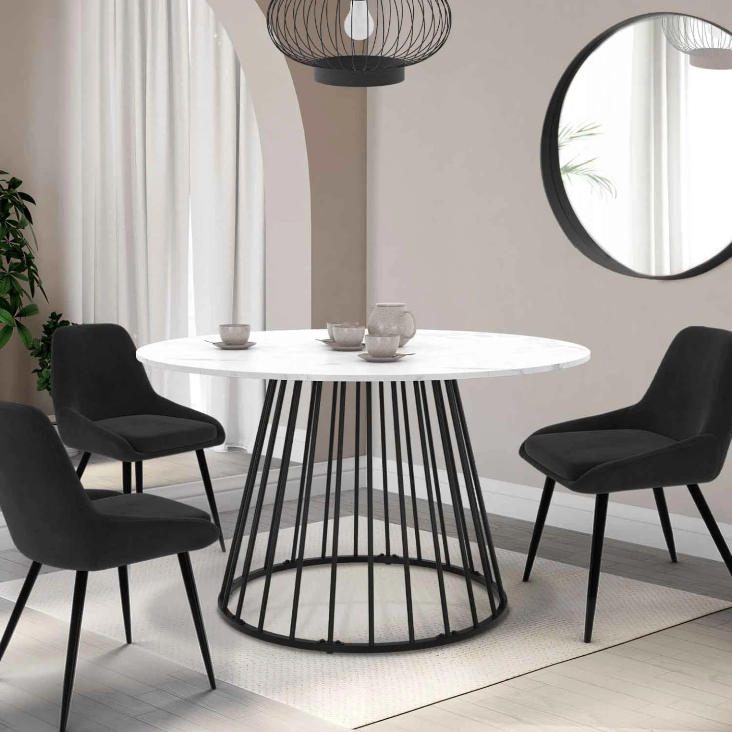 Table à manger ronde YUNA 6 personnes pied filaire en métal noir et plateau effet marbre blanc ALASKA 110 cm