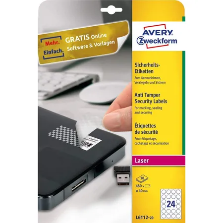 Avery Zweckform L6112-20 Sicherheits-Etiketten, Ø 40 mm, 20 Bogen/480 Etiketten, weiß