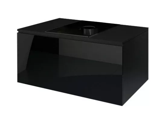 Meuble sous vasque suspendu collection OWL, noir mat et brillant, plaque en verre noir, idéal pour salle de bain