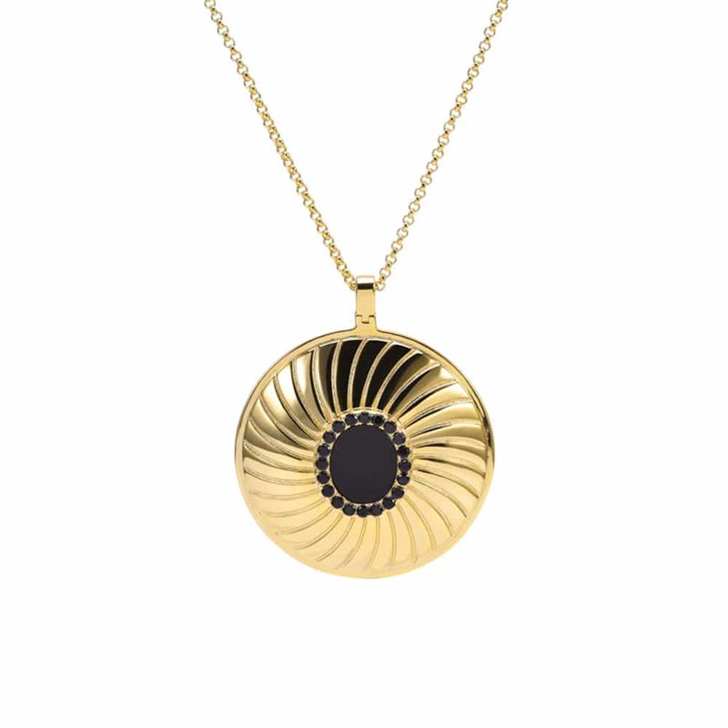 Collier Médaillon Argent Doré Elisabeth Pierre Onyx Noire