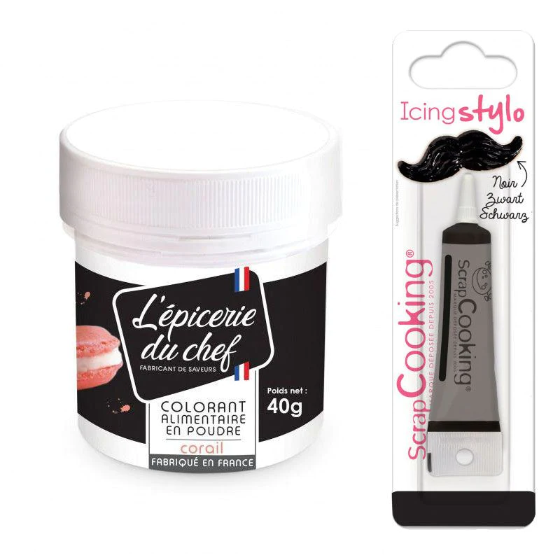 Colorant alimentaire en poudre corail 40 g + Stylo glaçage noir Scrapc