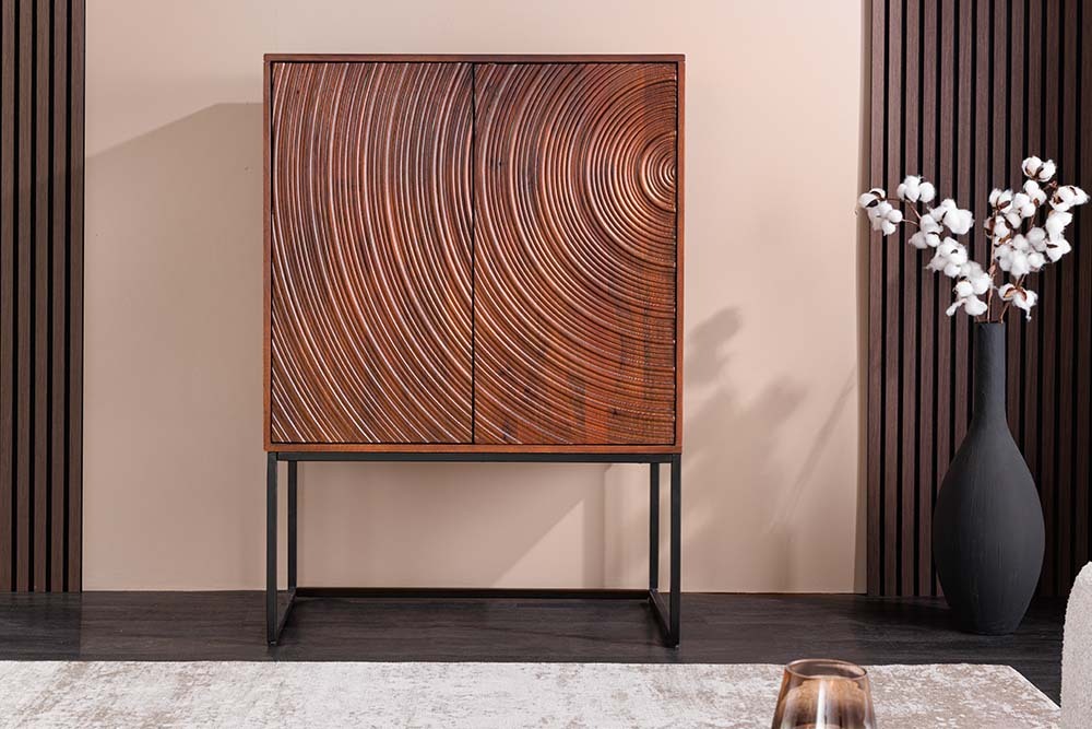 Design Highboard ORBIT 120cm braun Mangoholz mit 3D-Front schwarz Metall