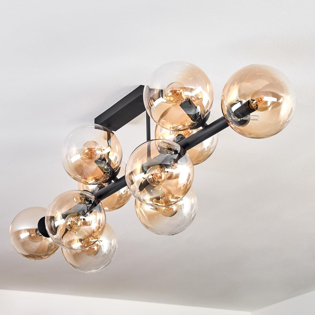 HOFSTEIN Deckenleuchte Gastor, 10-flammige Deckenlampe aus Metall/Glas in Schwarz/Bernstein/Klar, moderne Leuchte im Vintage-Design (Schirme Ø 15 cm), E14, Esszimmer, Wohnzimmer, Schlafzimmer, Küche